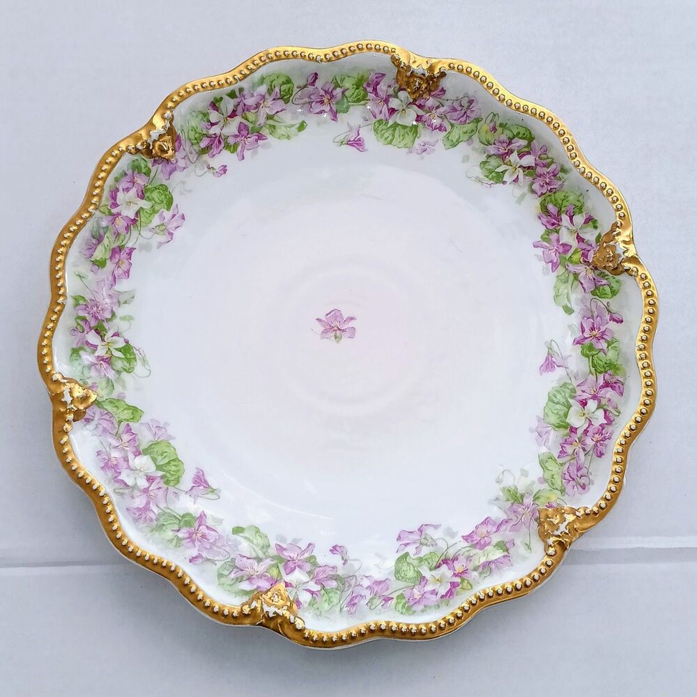 Antique A.Lanternier Limoges Porcelain Plate-Violets-Moriage Trim-Handpainted